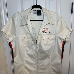 Harley-Davidson Women’s Zip Front Shirt Cream, Black & Orange Embroidered XL